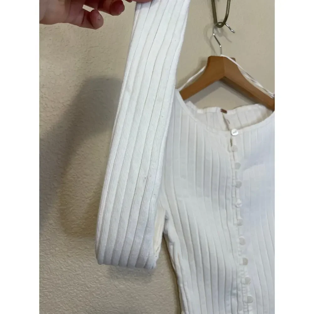 Free People Tilly Knit Ribbed Fitted Button Up Long Sleeve Top White Large Boho